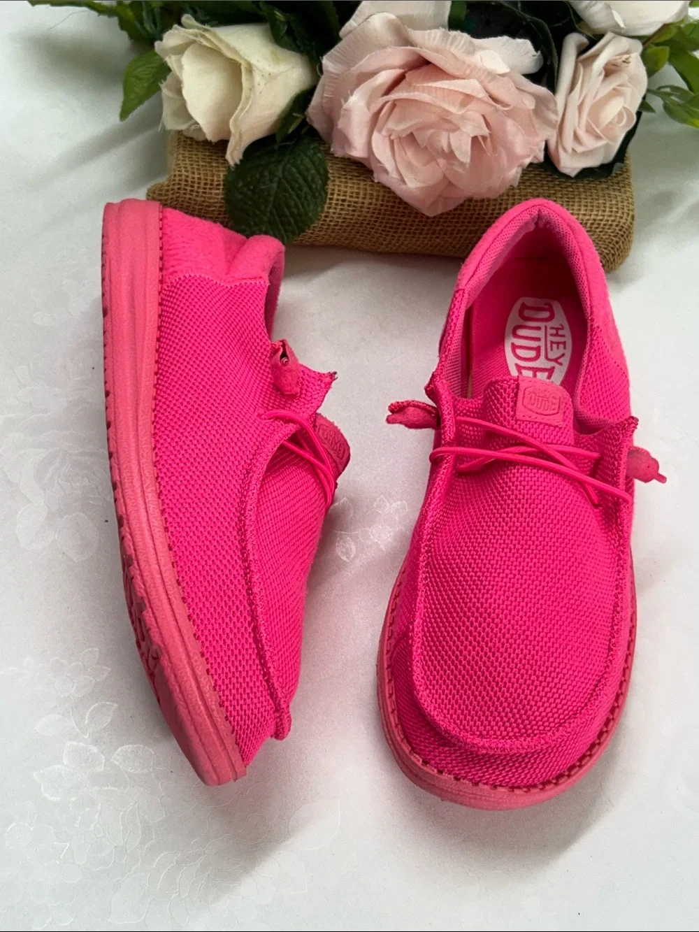 Hey Dude Women's Neon Pink Knit Slip-On Sneakers